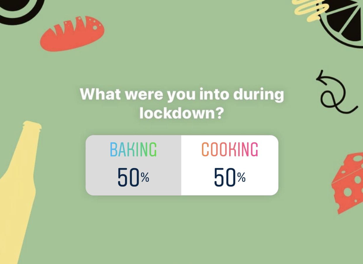 Poll showing that 50% of students were into baking during lockdown while the other 50% were into cooking.
